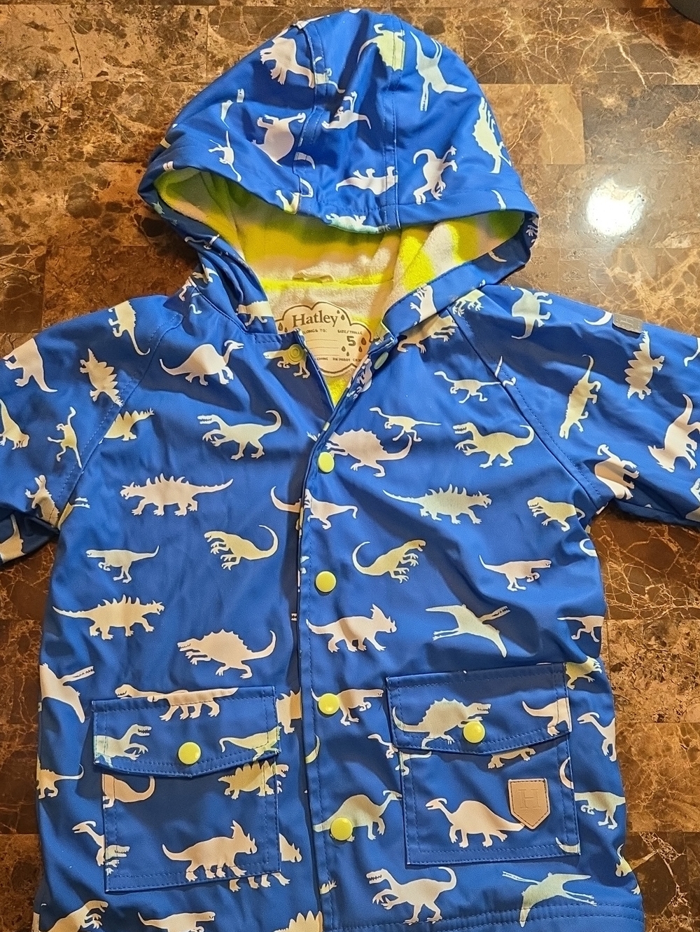 HATLEY Boys Raincoat Dinosaurs. Boy's Size 5. Hooded With Terry Lining